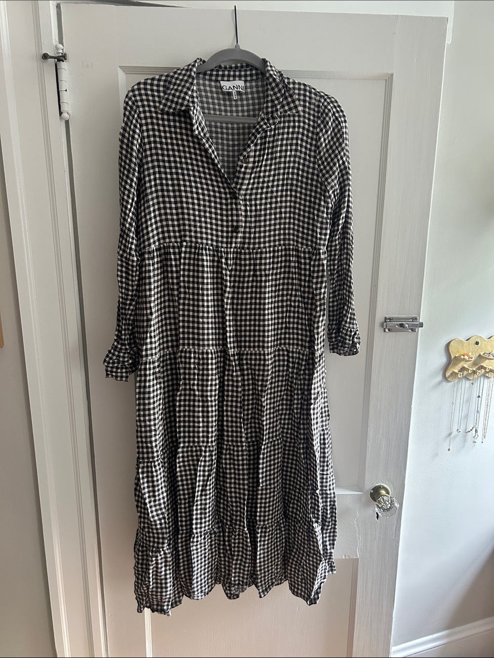 GANNI Black and White Gingham Tiered Shirt Dress